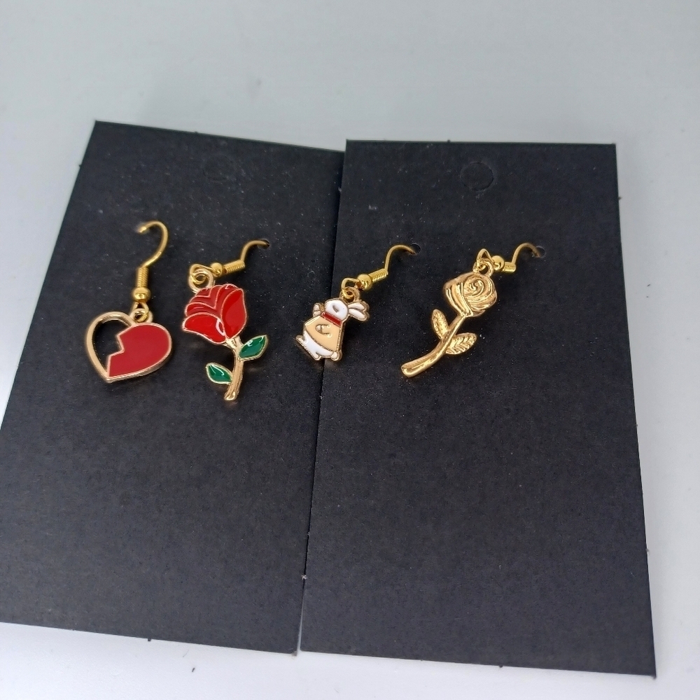 Gold and Red Heart and Rose Earrings